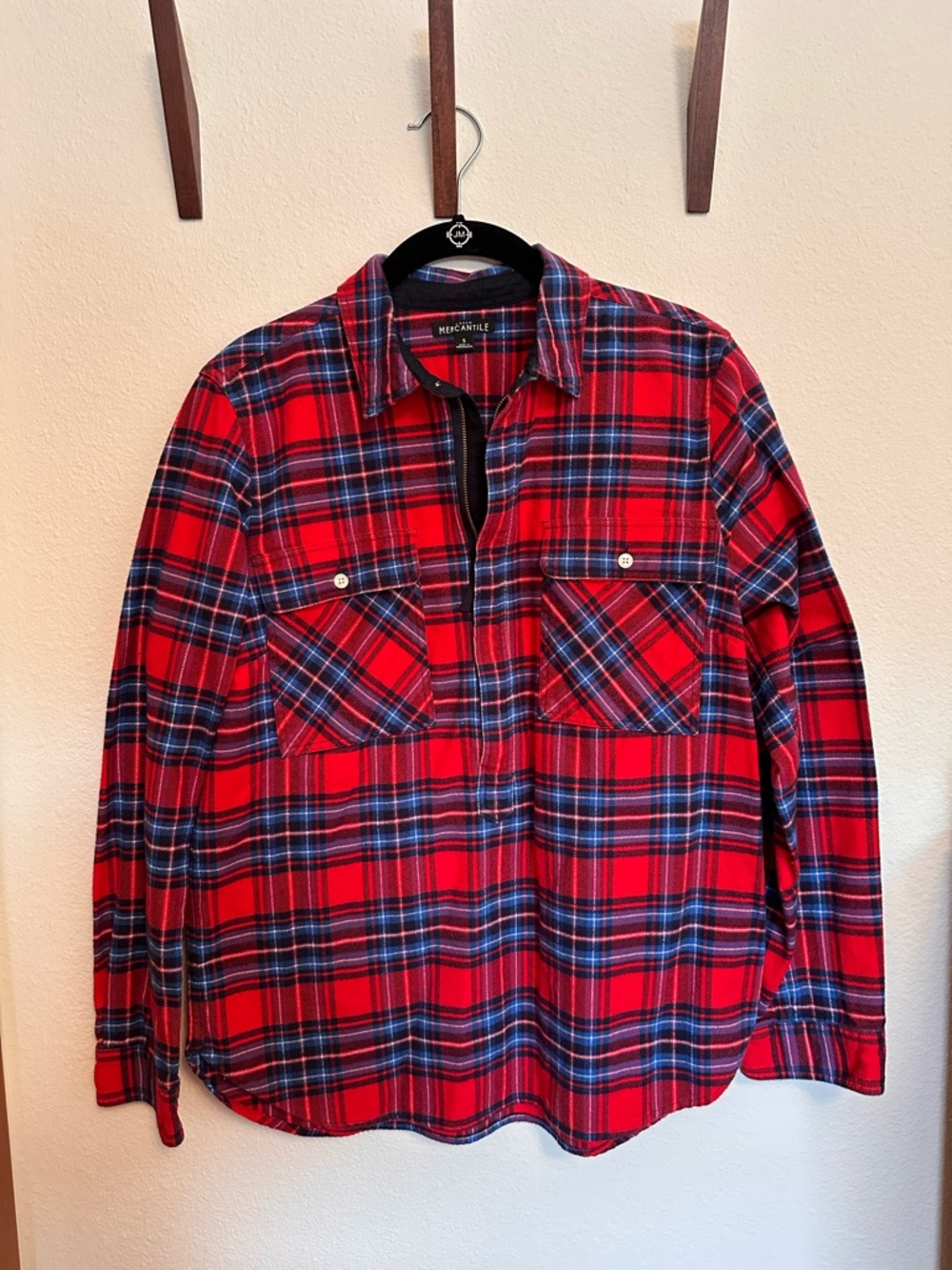 J. Crew Factory Red and Navy Plaid Half Zip Pullover Shirt